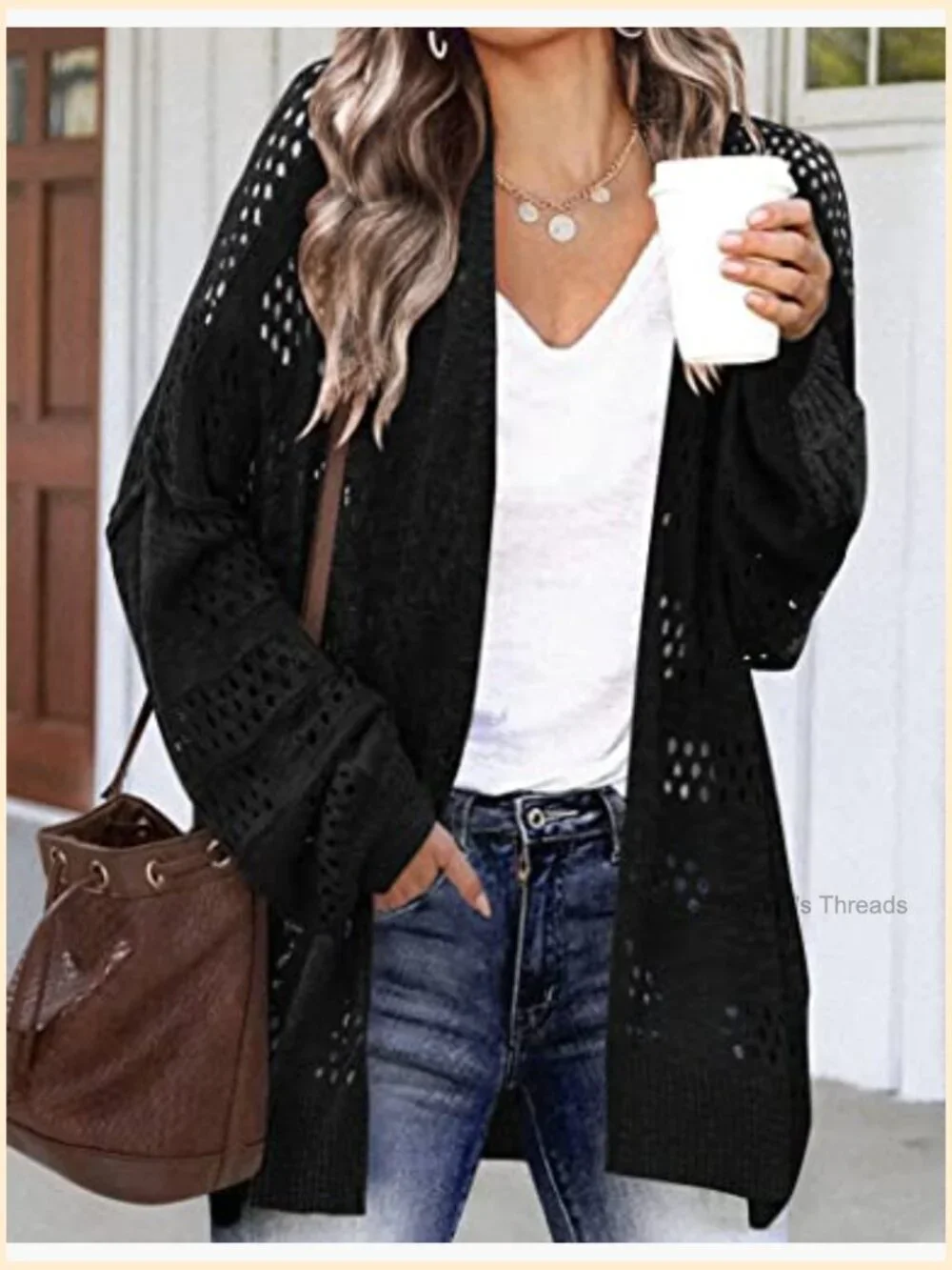 Lightweight Crochet Cardigan Long Sleeve Open Front Knit Oversized